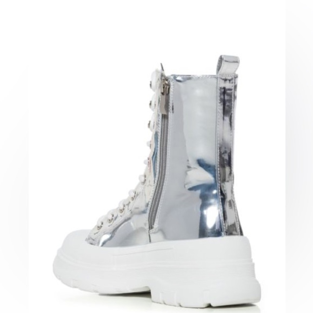 Azalea Wang Silver Mirror Metallic Patent Leather Lace Up Combat Booties - Picture 4 of 4
